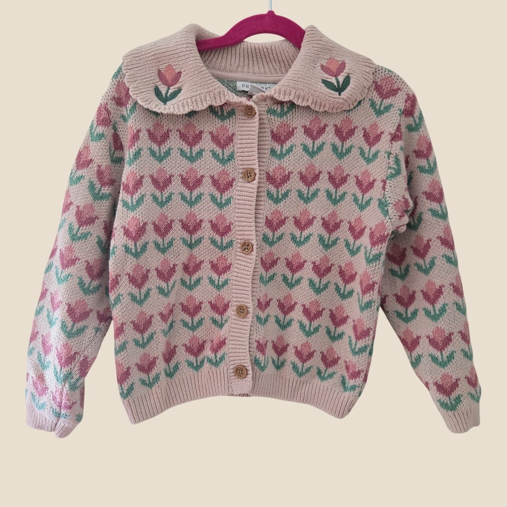 Primark Kids Pink Tulip Knit Cardigan Sweater Scallop Collar 7-8Y 128cm